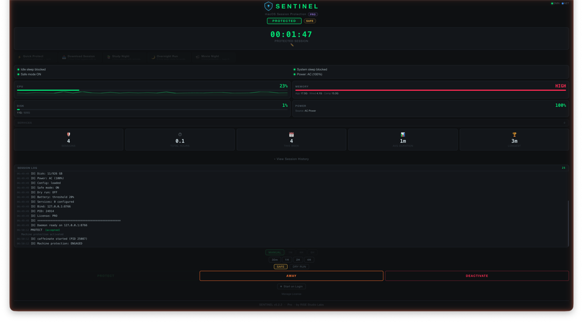 SENTINEL dashboard in protected mode — active session timer, sleep blocked